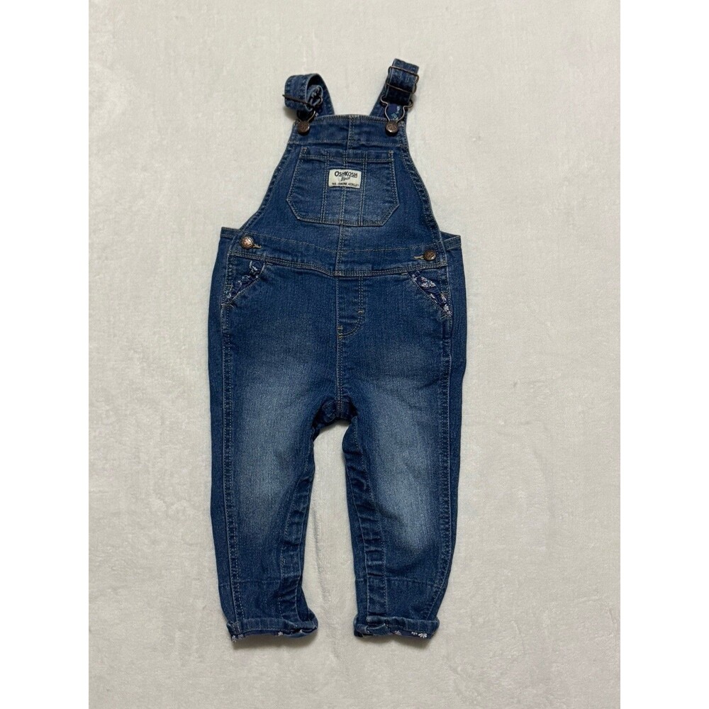 OshKosh B'gosh Blue Denim Overalls Kids Baby Girls Size 18 Months Floral Jean